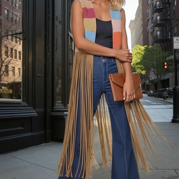2-0312 *Boutique* Sunrise On The Sahara Boho Fringe Vegan Suede Vest - Picture 3 of 4